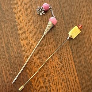 2 stick pin bundle. Vintage. Antique. Pink and the other is beige, brass, orange